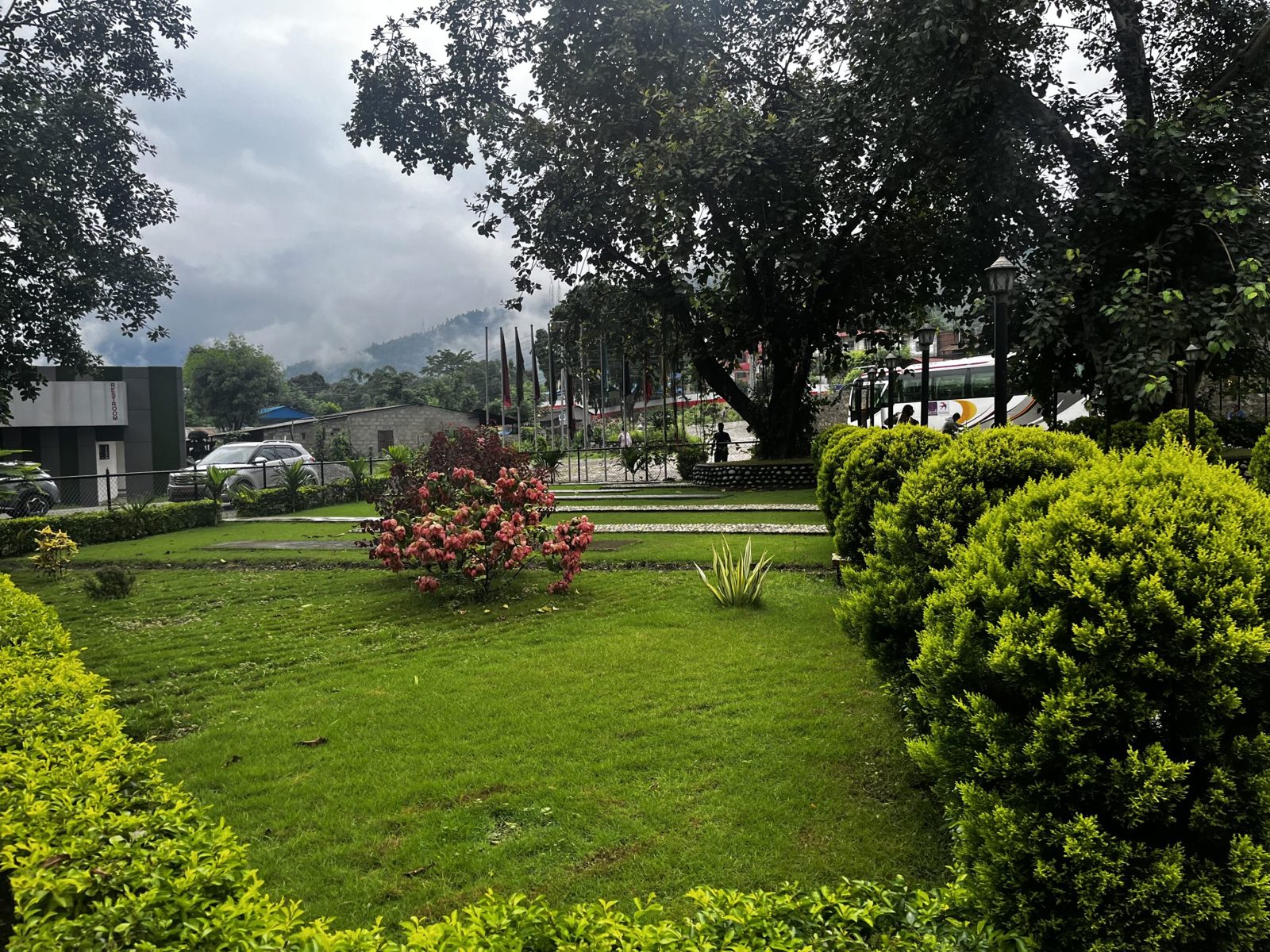 Jardin paysager entretenu, haies et massifs taillés.